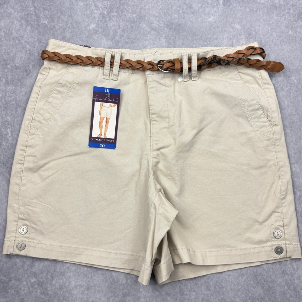 Gloria Vanderbilt Shorts Womens 10 Khaki Violet Belted Stretch Chino NWT 6.5 In